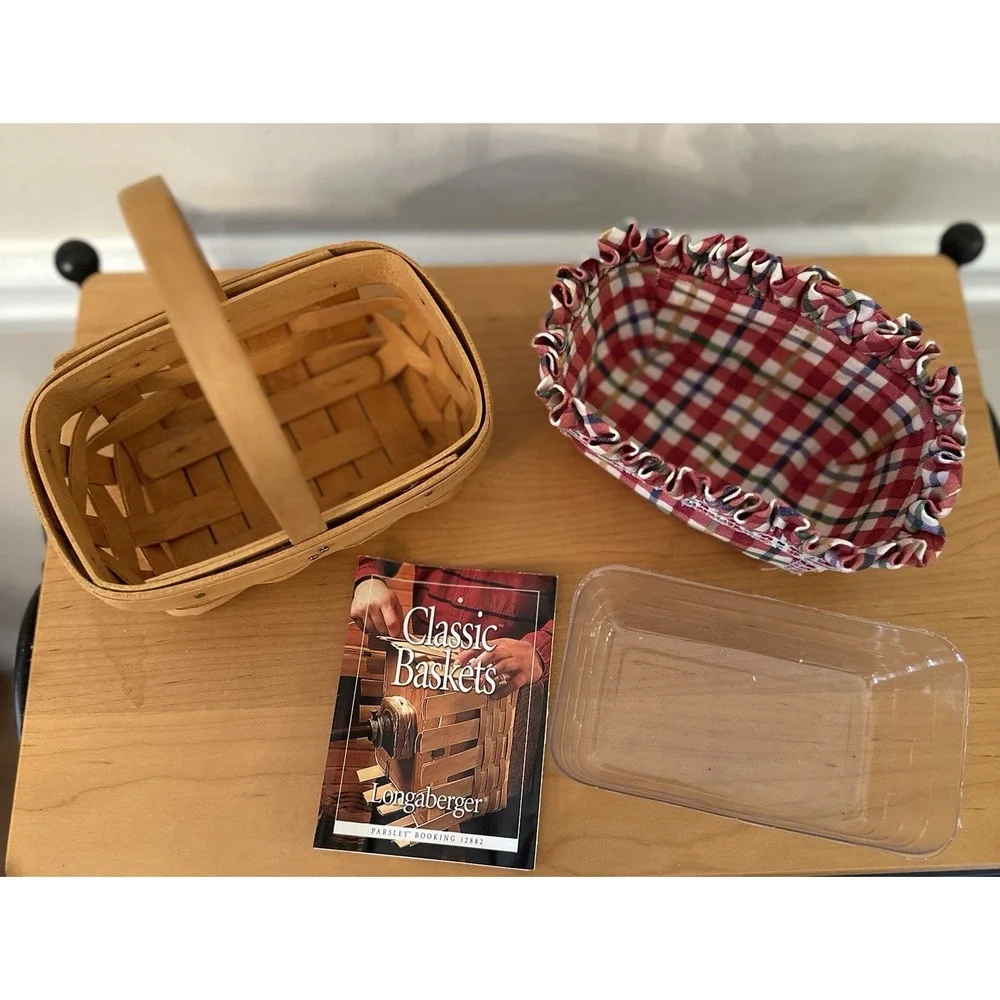Longaberger 2000 Parsley Booking‎ Basket Plaid Liner Protector Handwoven 6x4x3